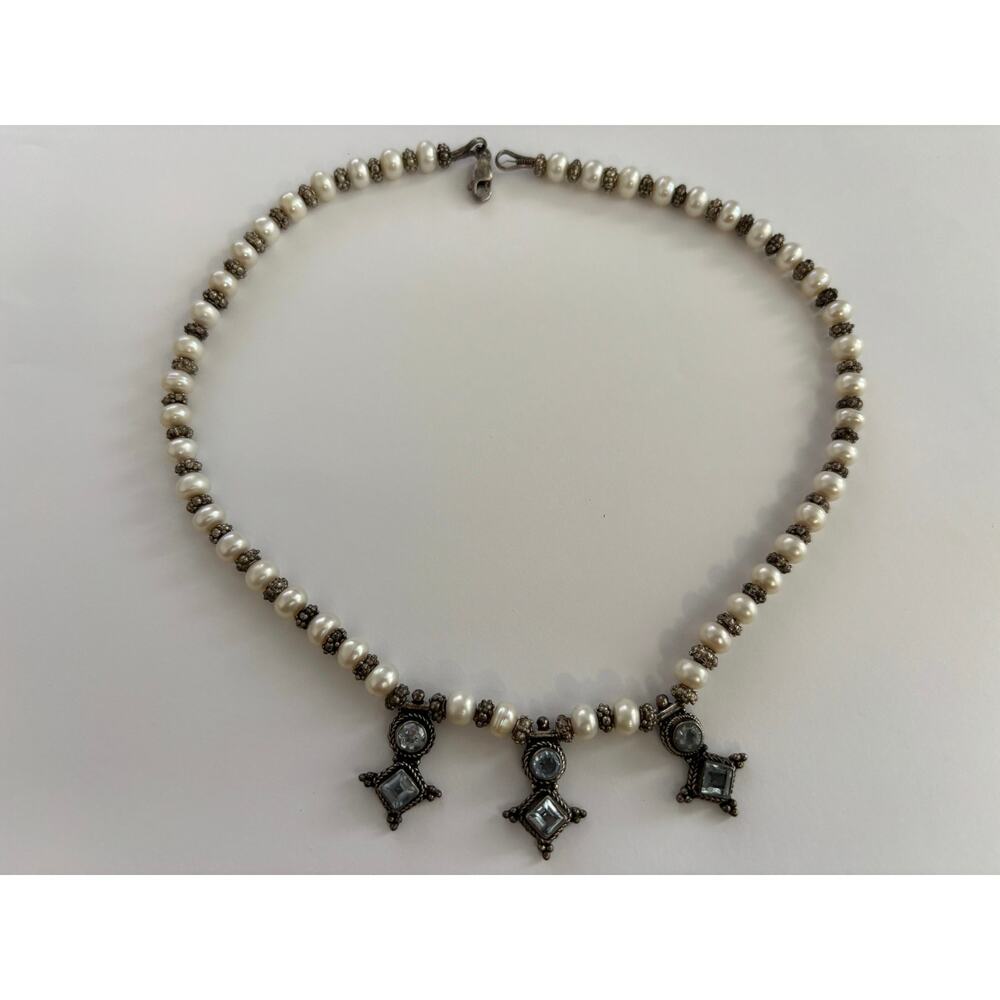 Vintage Sterling Silver Beads & Topaz Charms Freshwater Pearls Necklace Marked